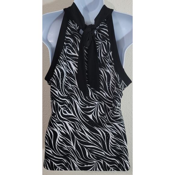 Style & Co. Black White Animal Print Halter Top Small Sequin Sleeveless Stretchy - Picture 2 of 5